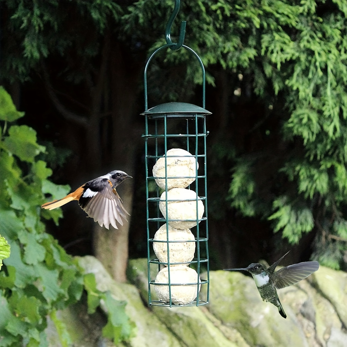 

Green Metal Hanging Bird Feeder With Roof - No Battery Needed, Outdoor Wild Bird Silo For Garden Decor, Fat Ball Holder