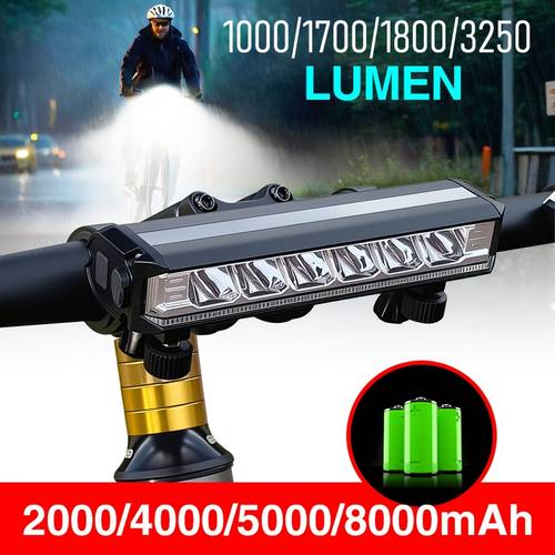 1000 1800 3250 bicycle light dual bracket type c rechargeable front bike light with 6 leds dirt bike headlights 4 lighting large capacity built in battery suitable for mountain bikes road bike electric bike