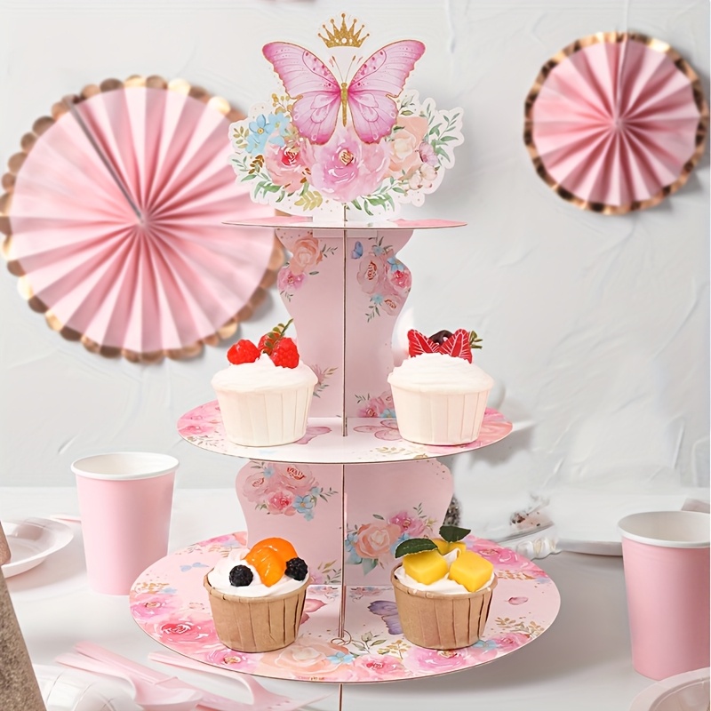 1個 ピンクの蝶々 ルペーパーケーキスタンド 3段式食品対応