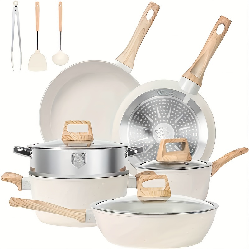 

12 Pots And Pans Set Non-stick Cookware Set, Cooking Set, Including Frying Pan, Pan, Steamer, Silicone Spatula And Tongs (white)