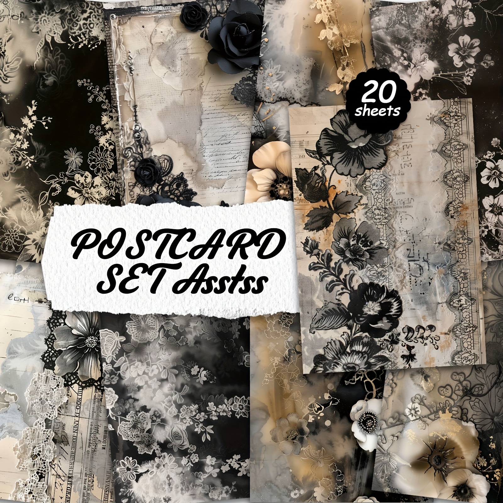 TEMU Ensemble de 20 cartes postales en dentelle noire vintage pour l'écriture sur carton, surfaces lisses, scrapbooking en anglais, journaux de