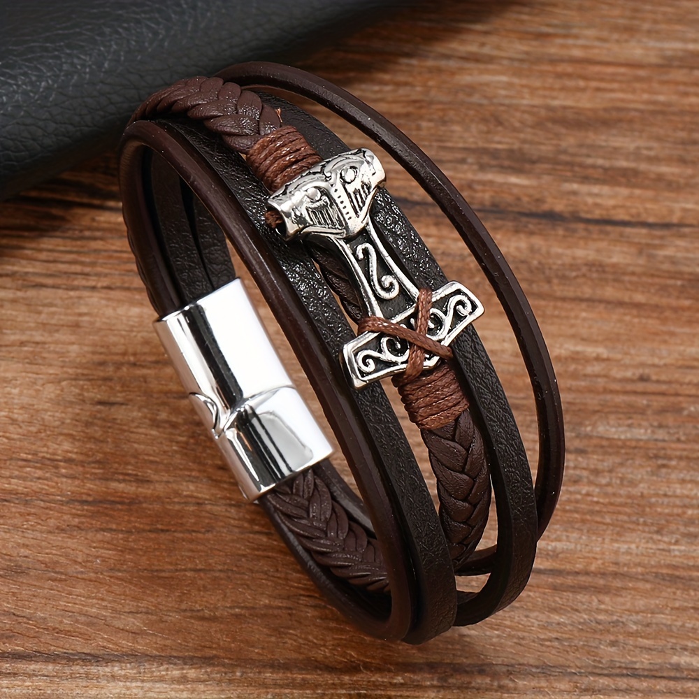 hammer multi layer magnetic buckle bracelet mens hand jewelry punk style pu leather bracelet