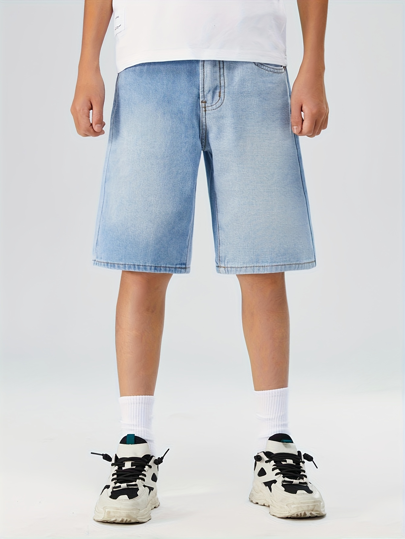 Youth Light Blue Washed Denim Bermuda Shorts Loose Fit Summer Casual  Denim with Elastic Waistband, Non-Stretch Fabric, Solid