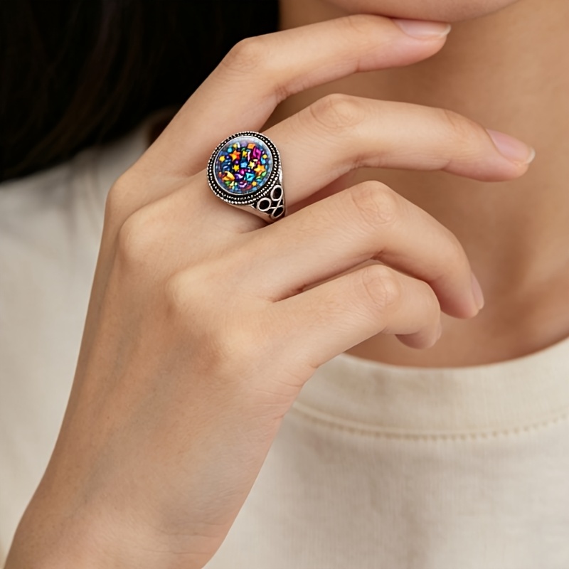 Classic Black Side-Hollow Carved Adjustable Open Ring with Stained Glass Design