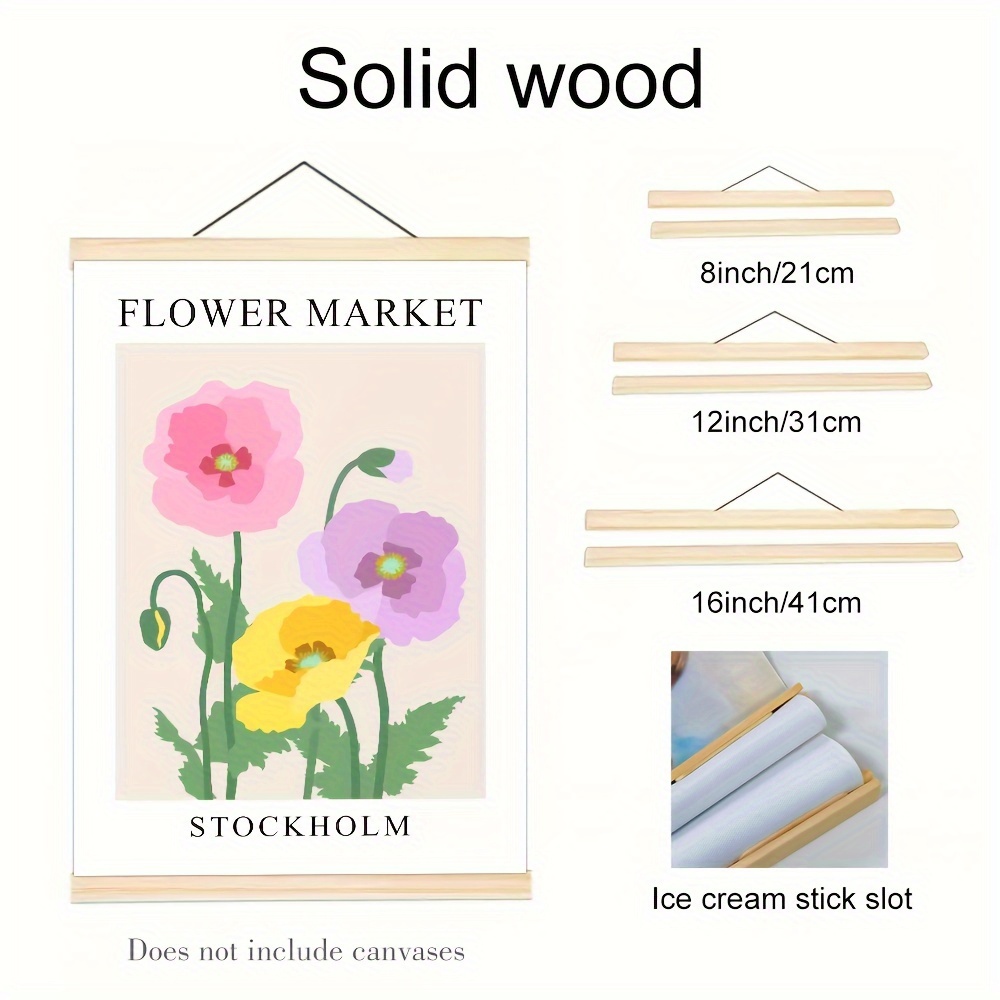 

1pc Rustic Wooden Hanging Frame, 8x12inch/21x31cm, Diy Canvas Poster Holder With Solid Wooden Stick, Vintage Floral Wall Art, Polished , Interchangeable Pads, Vertical Claw Frame, No Power Required