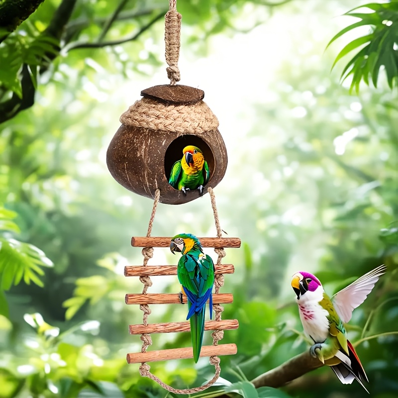 Coconut Shell & Bird Nest - Hanging Outdoor Suitable For Parrots, Hamsters, Small, Hooks, Rustic Garden Decoration With Suitable For Patio, Garden, For Bird Habitat