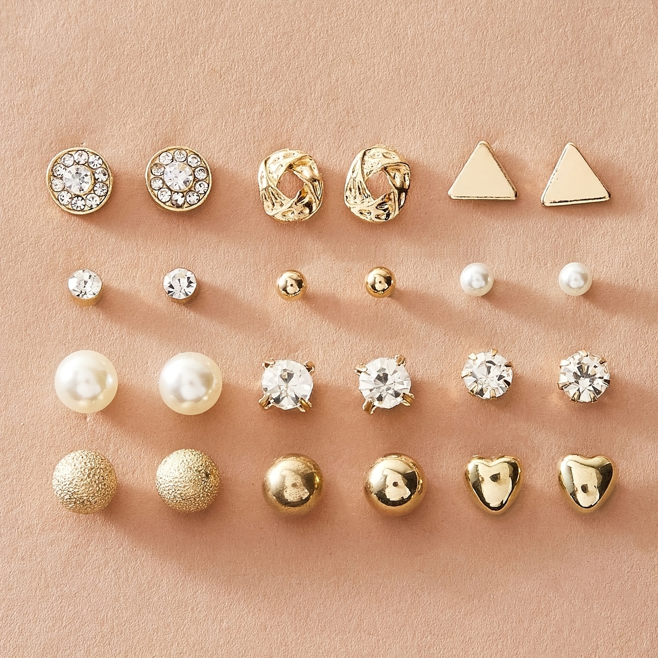 TEMU 24pcs Set/ 12 Pairs Of Exquisite, Light Luxury And Elegant Round Rhinestone Earrings With Design Heart Ball Stud Earring Sets For Women' Banquet
