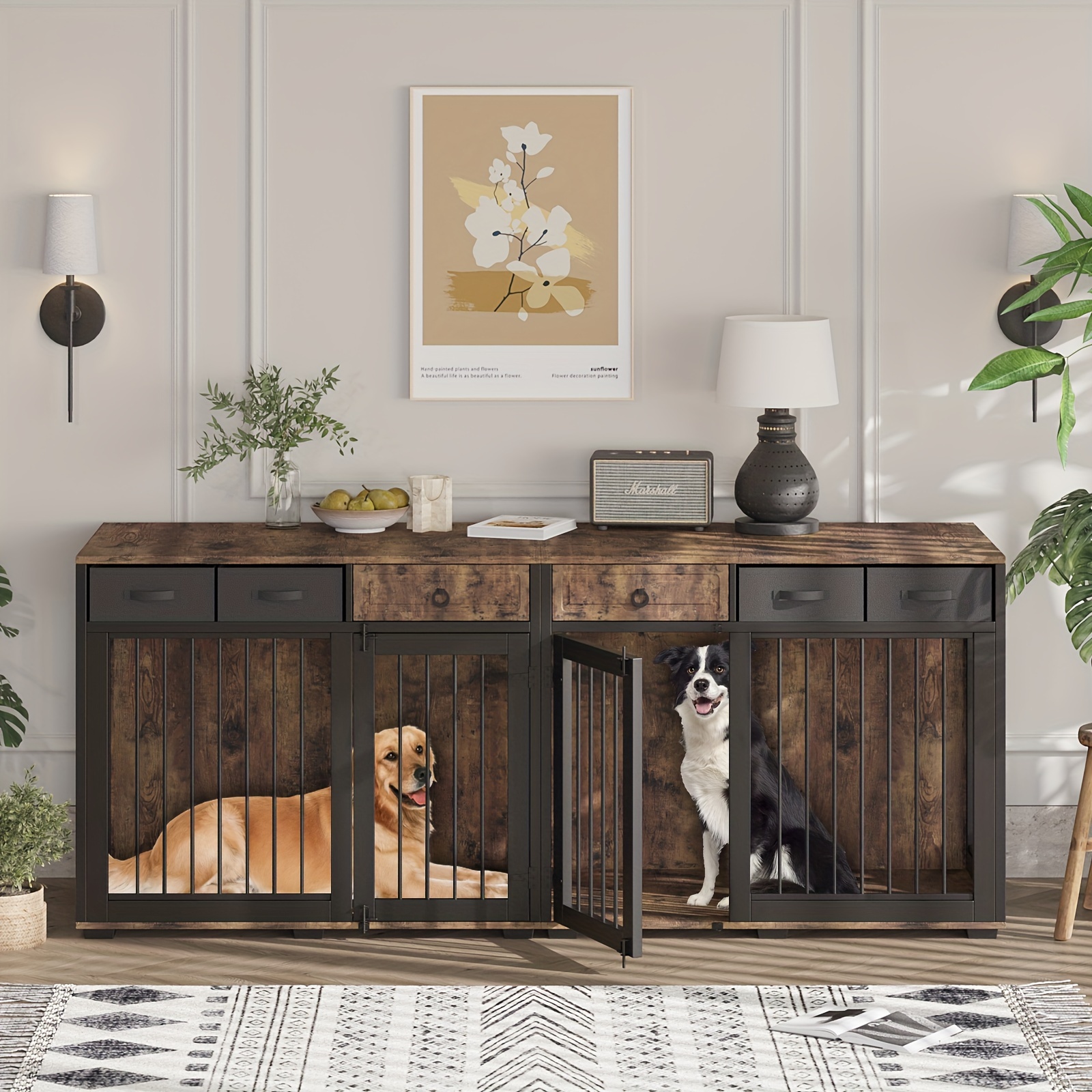 

85.4" Dog Crate Furniture For , Wooden Furniture Style Kennel Crates Cages Large Breeds Tv Stand Table With Storage And Divider Indoor, 6 , Rustic Brown