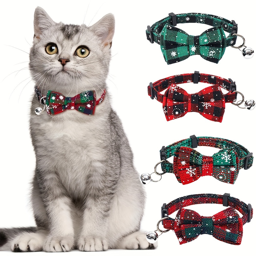 

Christmas Cat Collar With Breakaway Bow Tie & Bell - Adjustable, Design For Holiday Kittens