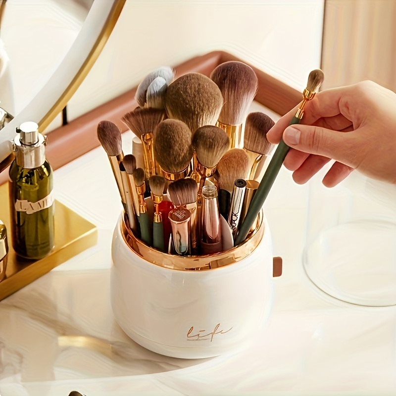 

Rotating Makeup Brush Holder Organizer, Countertop Plastic Cosmetic Storage With Dustproof Lid, Portable Divider For Lipstick, Eyeshadow, Brushes - No Electricity Needed