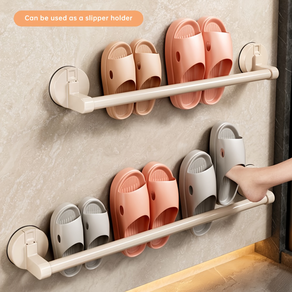 1pc Wall-Mounted Towel Rack with Suction Cup, White Aluminum Hollow Rod  Plastic Base, Space-Saving Bathroom Organizer for Towels and Slippe