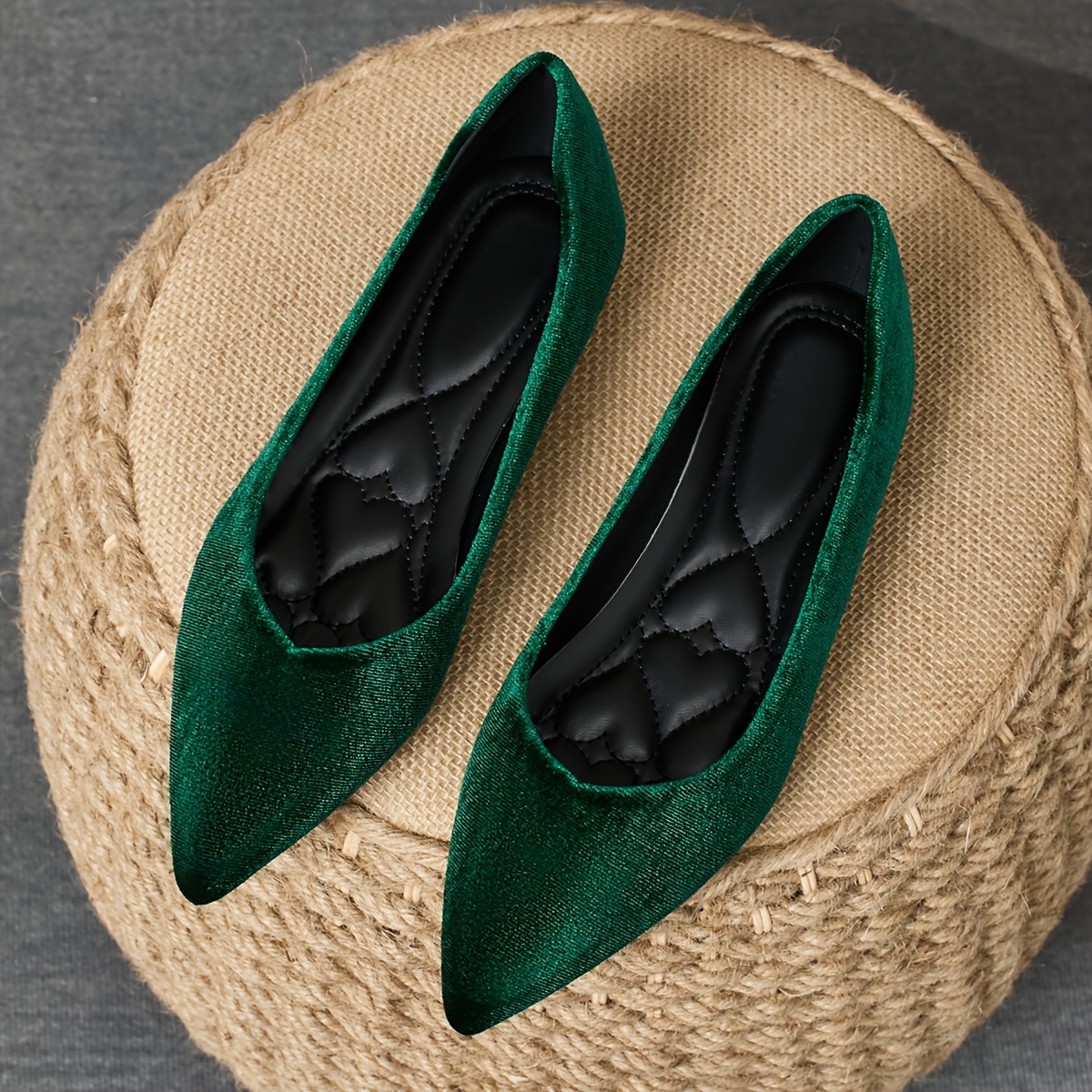 par zapatos terciopelo verdes punta afilada estilo francés Temu