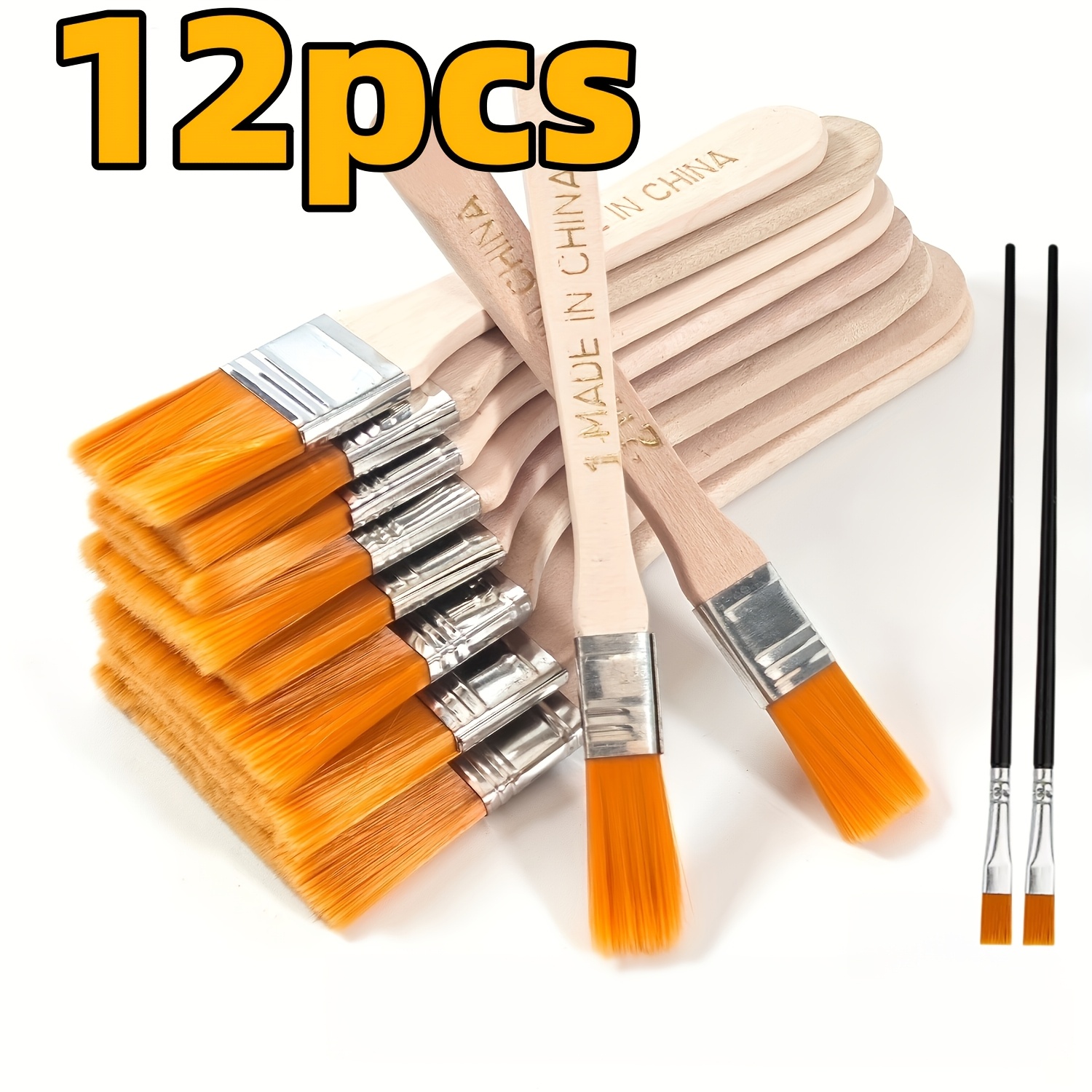 E-shop 12-teiliges professionelles Nylon-Flachpinsel-Set mit gerillten synthetischen Borsten & schlitzkompatiblem Holzgriff – Geeignet für Öl-