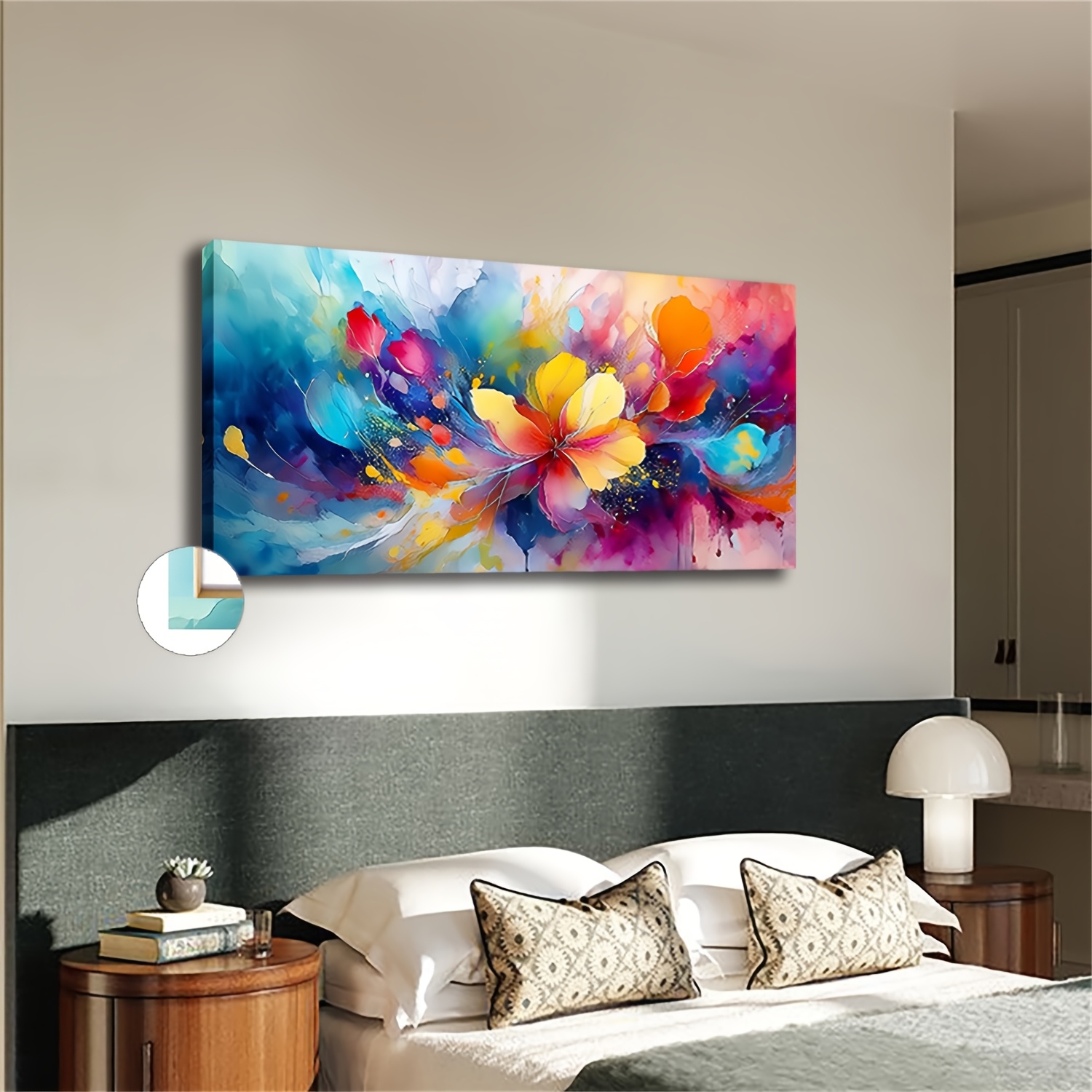 TEMU 2d Flat, 2d Flat, Large Framed Art Decoration Featuring A Vibrant Watercolor Floral Canvas, Suitable For Decorating Offices, Libraries, Game