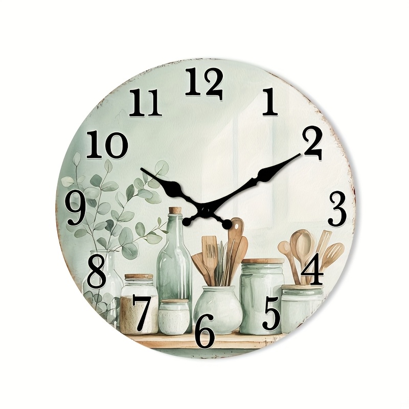 TEMU () 1pc Silent Wall Clock Non-ticking Wooden, Decorative Circular Clock Rustic Kitchen Shelf With Jars And Utensils Design For Bedroom, Dining