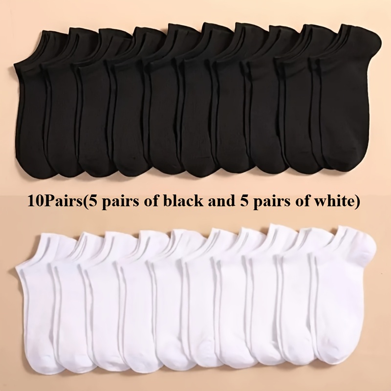 Image of 10pairs(5 Pairs Of Black And 5 Pairs Of White) Unisex Casual Plain Color Boat Socks, Thin Breathable Comfy Anti-odor Sweat-absorbing Low Cut Ankle Socks For Men Women