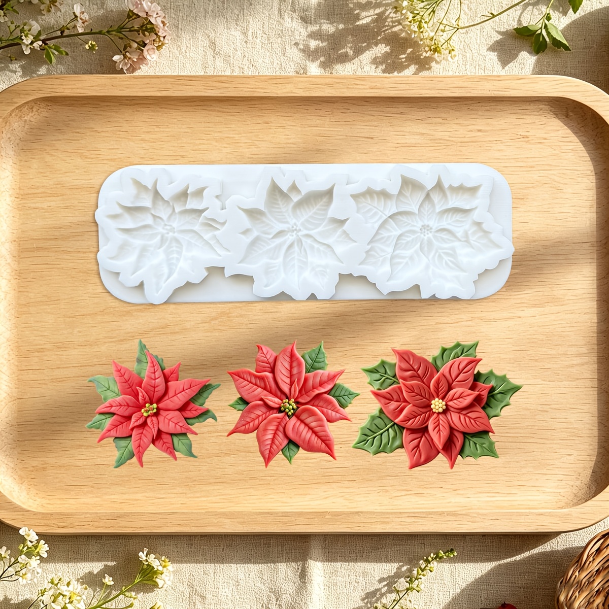 TEMU 1pc, 3-cavity Christmas Red Silicone Mold, Fondant Cake Decoration Handmade Stone Gypsum Clay Pressing Plate, Chocolate Cookie Baking Mold