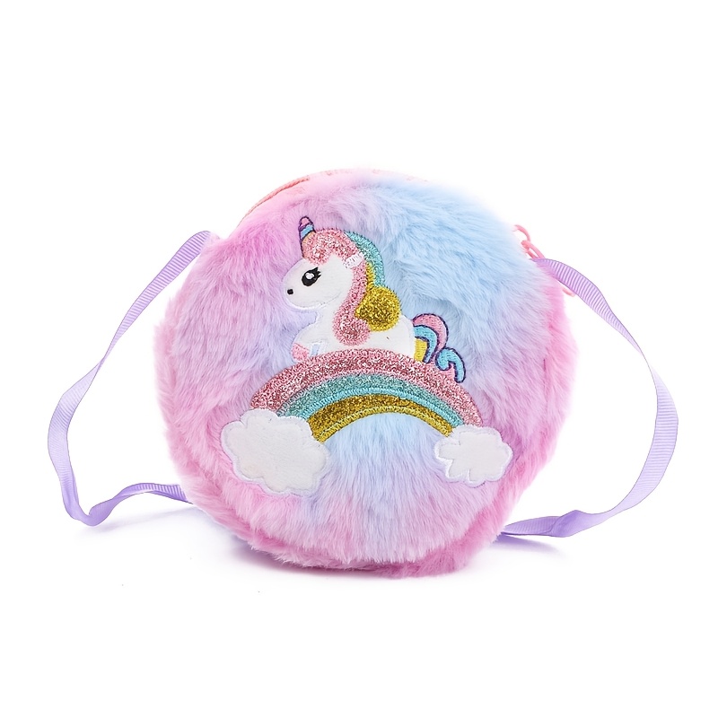 Image of Unicorn Round Plush Single-shoulder Bag, Cute Girly Daily Wear Crossbody Bag, Plush Bag, Cute Coin Purse