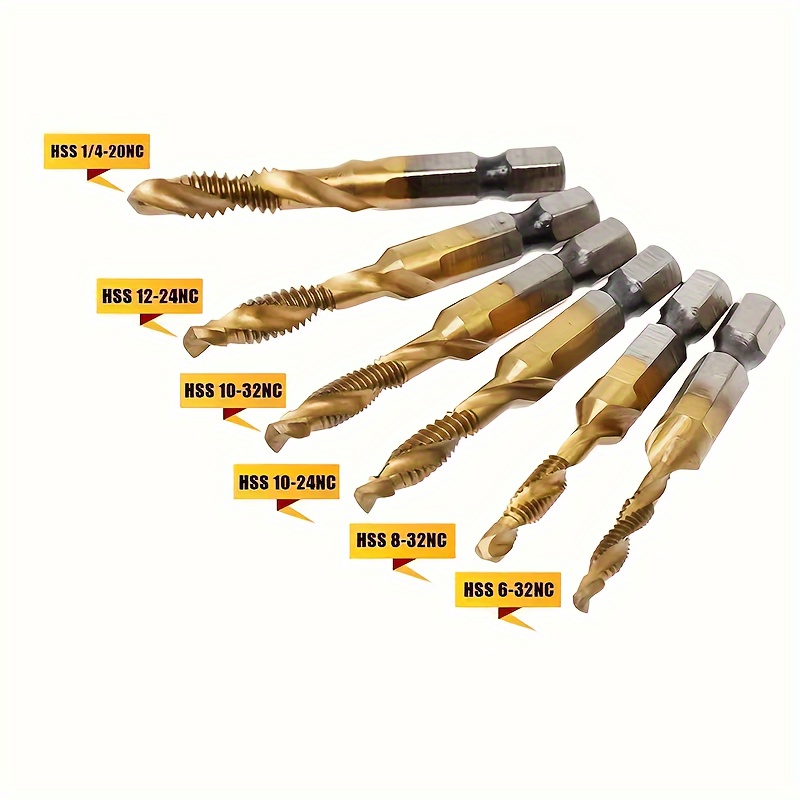 

6-piece Titanium Combination Drill Tap Bit Set, Screw Tapping Steel Bits, Non-adjustable, Sae 6-32nc, 8-32nc, 10-24nc, 10-32nc, 12-24nc, 1/4-20nc