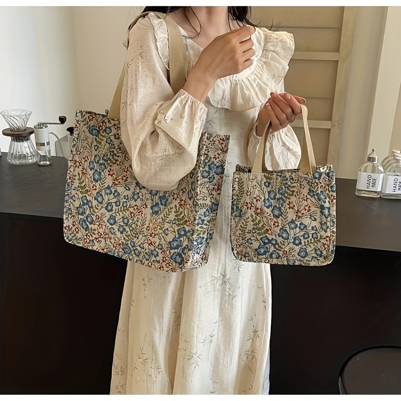 

Floral Pattern Tote Bag, Canvas Shoulder Bag, Women's Large Capacity Handbag For School Commuter Shopping