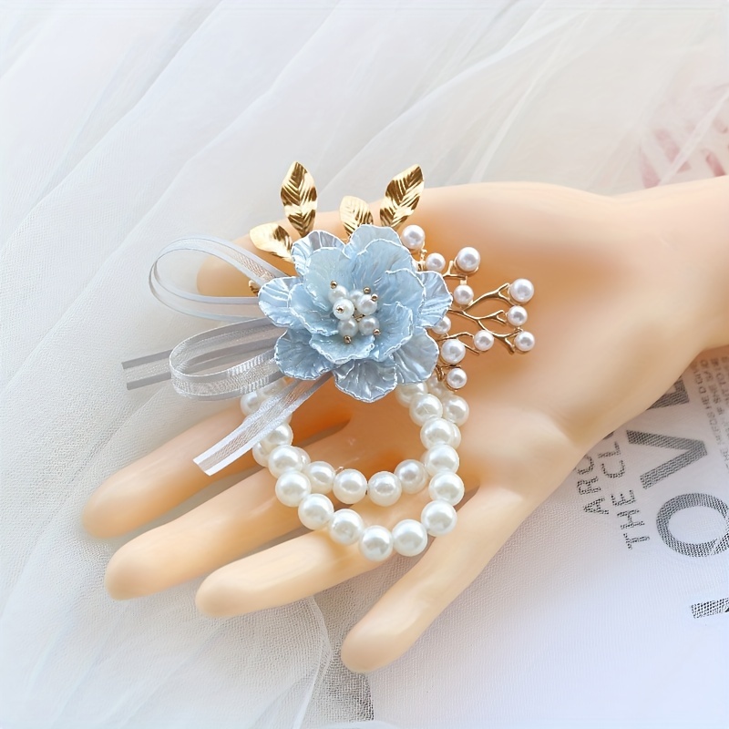 

Elegant Blue Floral Bridesmaid Wrist Corsage, Fashionable Bridal Arm Flower Ornament, Bridal Hand Accessories With Faux Pearl Accents