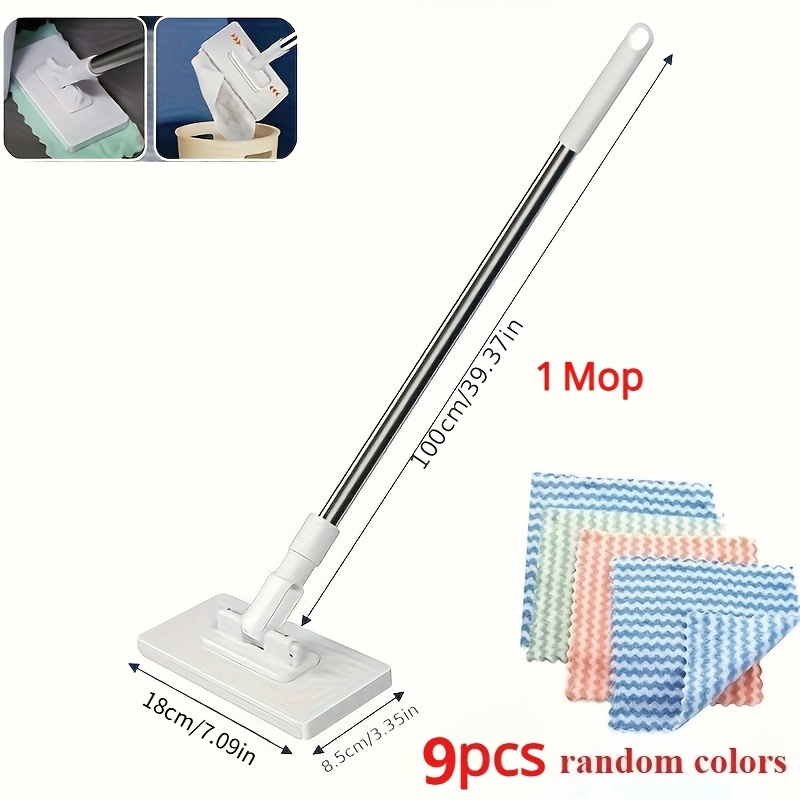 10pcs/set (1pc Mop And 9pcs Random Colors Cloths) Hand Wash Free Lazy Flatbed Mop For Wet And Dry Use, Reusable Press Clip Mop, For Kitchen, Bathroom, Window, And Floor, Multifunctional Cleaning Tool