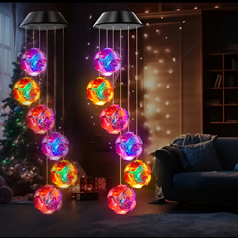 TEMU 2pcs Solar Powered 6led Rose Wind Chime Lights, Rgb Flowing And Colorful Ball Lights, Solar Powered Mobile Hanging Decorative Lights, Suitable