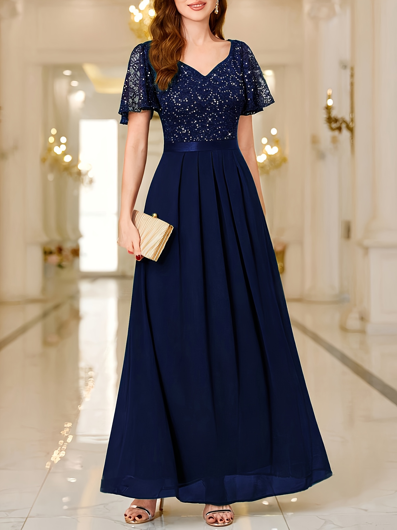 Artikelbild neues elegantes damen-abendkleid mit kurzen ärmeln, v-ausschnitt, für temperamentvolle gastgeberin brautjungfer, a-linie, mit pailletten, im europäischen amerikanischen stil