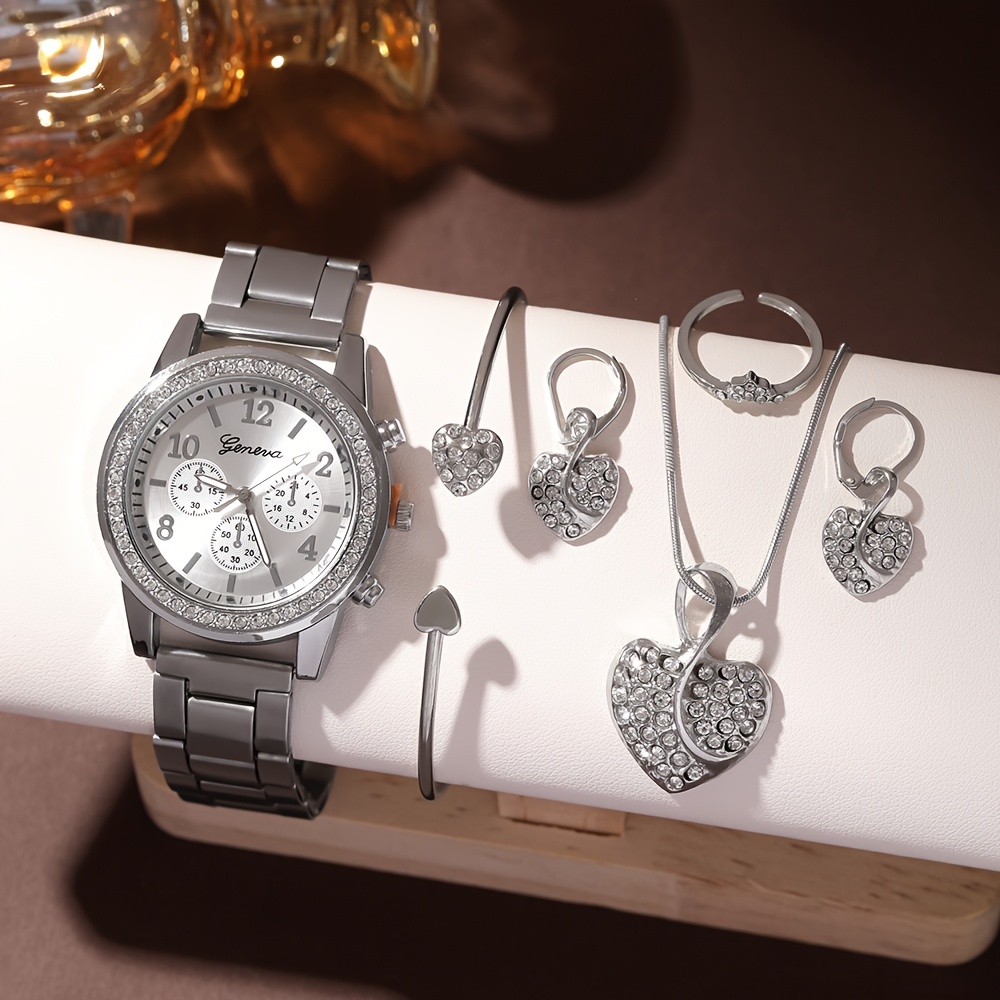 6pcs Elegant Women's Quartz Watch Set with Heart-Shaped Jewelry, Perfect Gift for Ladies, Non-Adjustable Alloy Strap, Classic Bar Markers Round Dial, Ideal Gift for Sisters and Mothers, Suitable for Ramadan or Casual Attire, No Packaging Box Included, Middle East Special Edition
