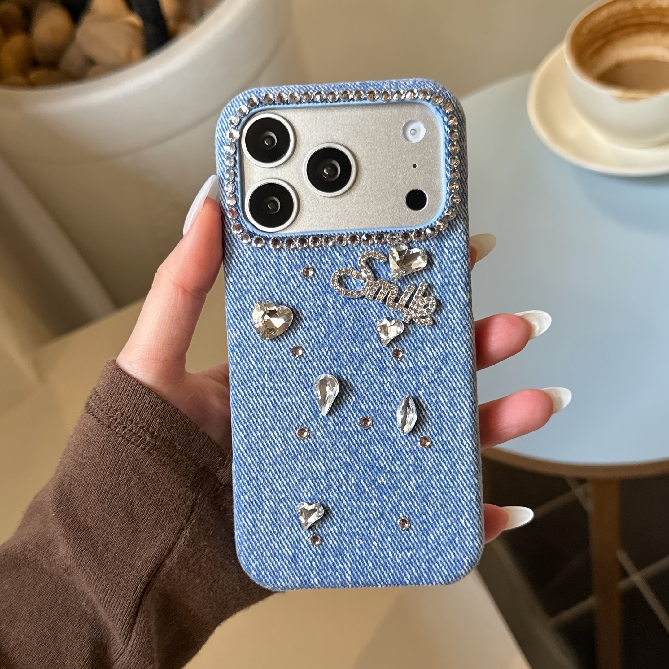 TEMU Coque de téléphone - Coque de téléphone personnalisée en denim avec en diamant et un cœur, compatible avec Apple 17/17 Pro/17 Air/17 Pro
