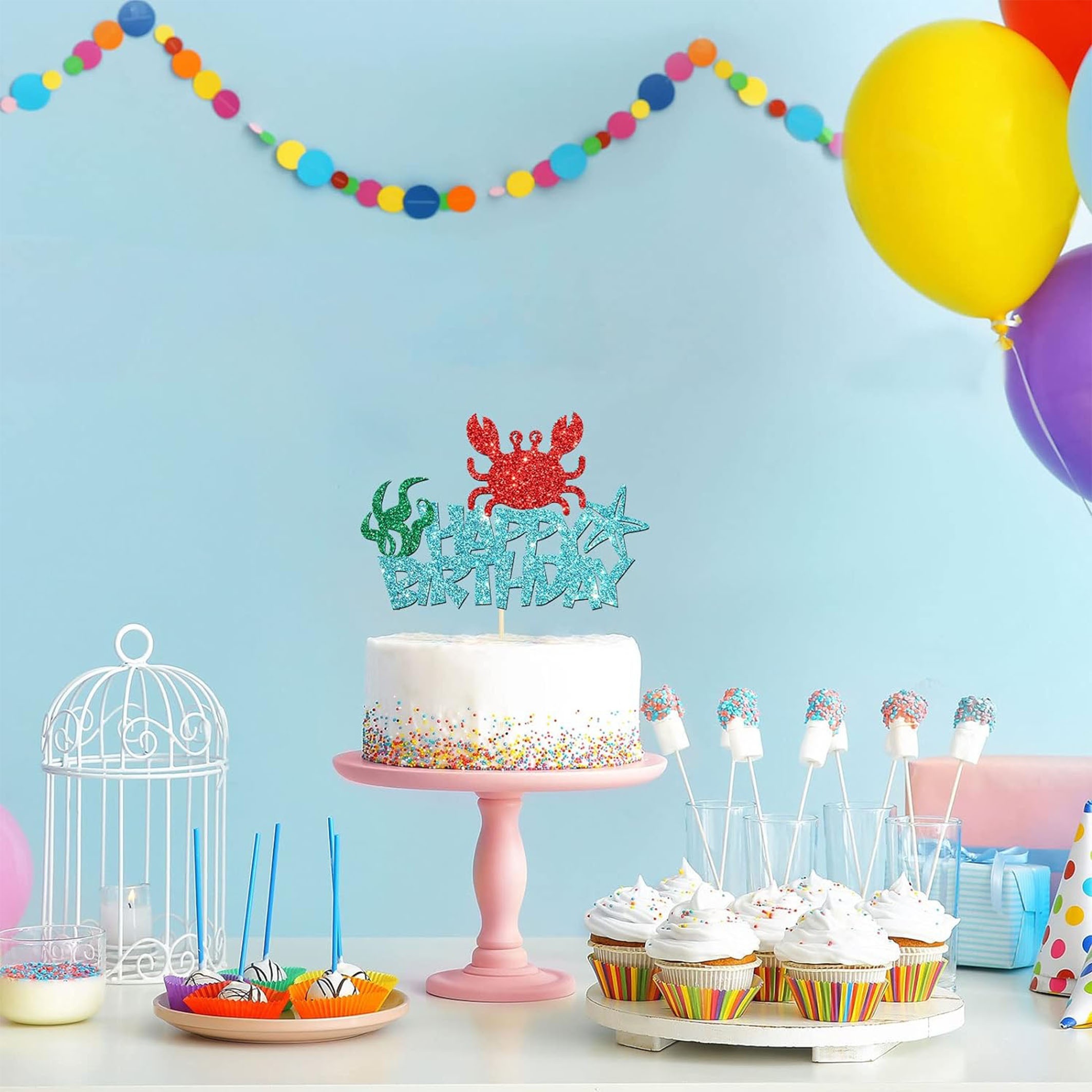 

Sky Blue Under The Sea Birthday Cake Topper With Crab & Crawfish - Perfect For Kids' 1st, 2nd, 3rd Birthdays & Baby Showers