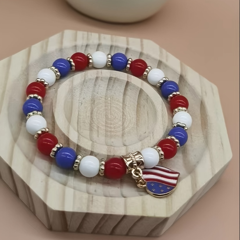 

Festive 4th Of July Bracelet: Red, White & Blue Acrylic Beads With A Gold-plated Heart Charm