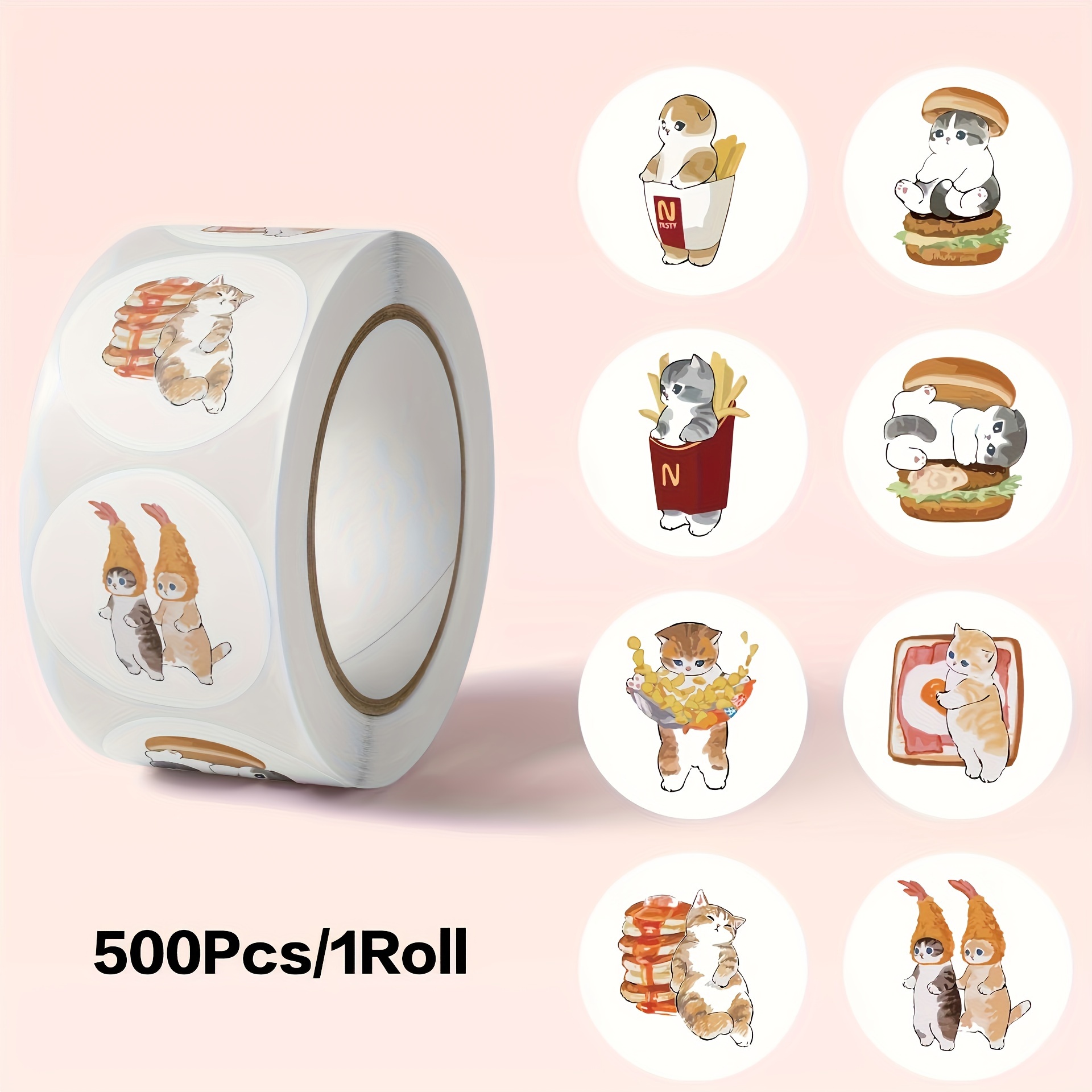 

500-count Food-themed Cat Stickers - Glossy Paper Seals For Envelopes, Laptops, And Luggage, Single-use Round Decorative Labels