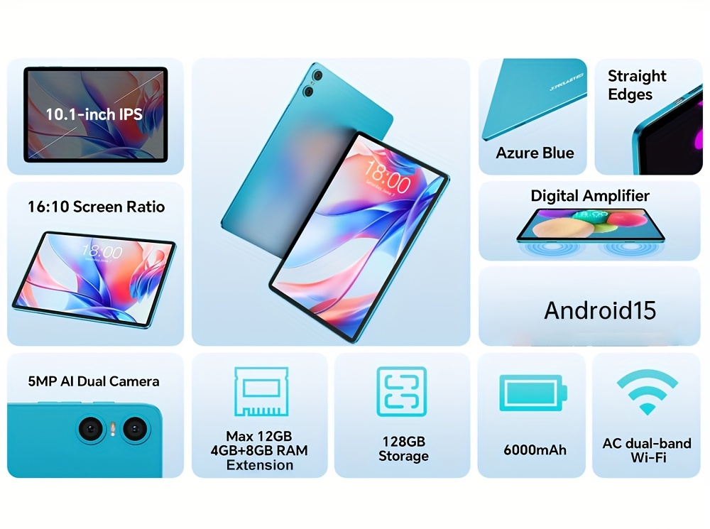 Teclast P30 Tablet 10.1-inch IPS Display, Unisoc T606 Octa-core CPU Mali-G57 GPU, 4GB+8GB RAM 128GB ROM with 1TB TF Card Extension, Android 15 WiFi Tablet 6000mAh Type-C Charging, AC Dual-band 2MP+5MP Cameras, Tablet, Pad, Tablet, Pad