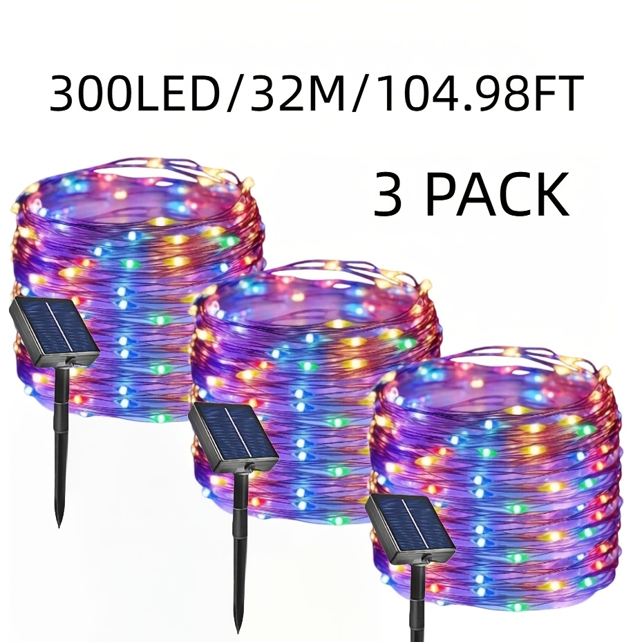 TEMU 3-pack Solar Led Fairy Light Strings, 50pcs 100pcs 200pcs 300pcs Led Beads Outdoor Garden Decorative Lights, Suitable For Garden, Fence, Lawn,