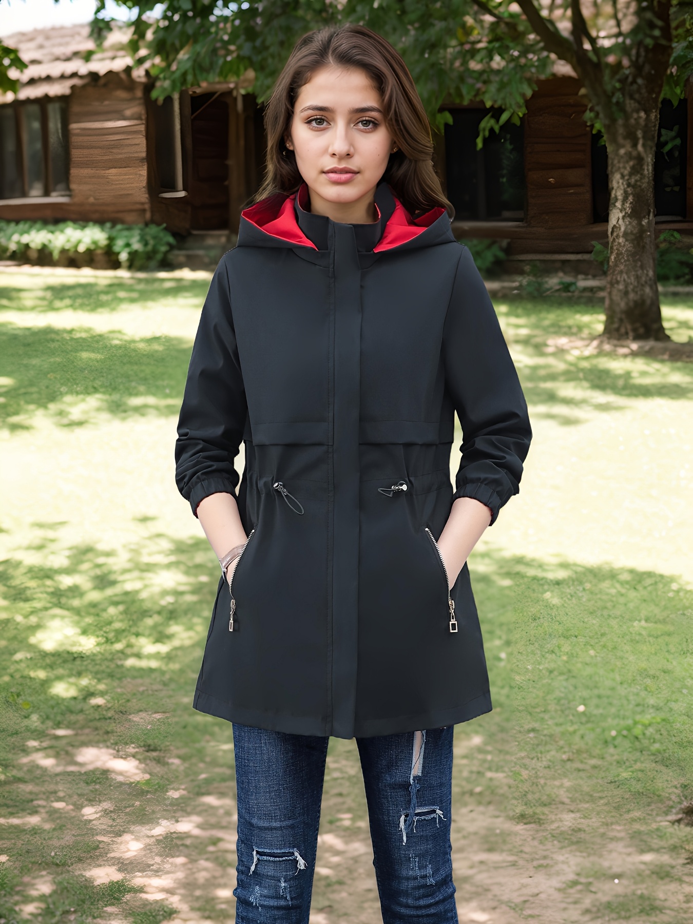 Chaqueta cortavientos con capucha para mujer 2024, abrigo casual de largo medio con cintura ajustable con cordón, cierre de cremallera y detalles de botones, color sólido para uso en exteriores en primavera/otoño, tela sin estirar