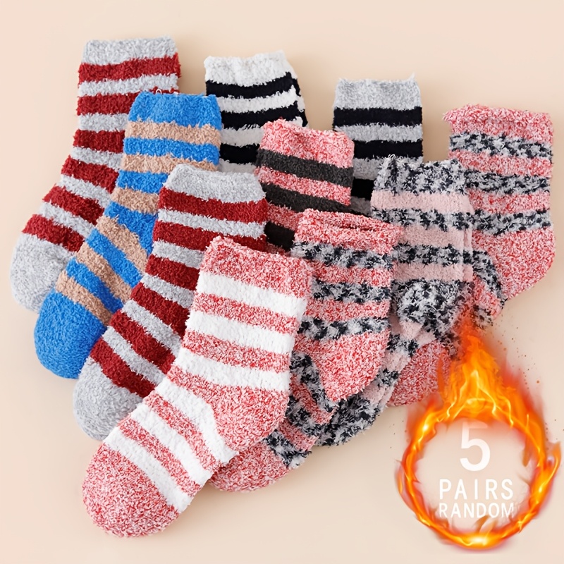 TEMU 5-pair Random Winter Women's Fleece Thick Sweet Fashion Coral Plush All-match Soft Comfortable Warm Striped Fuzzy Socks
