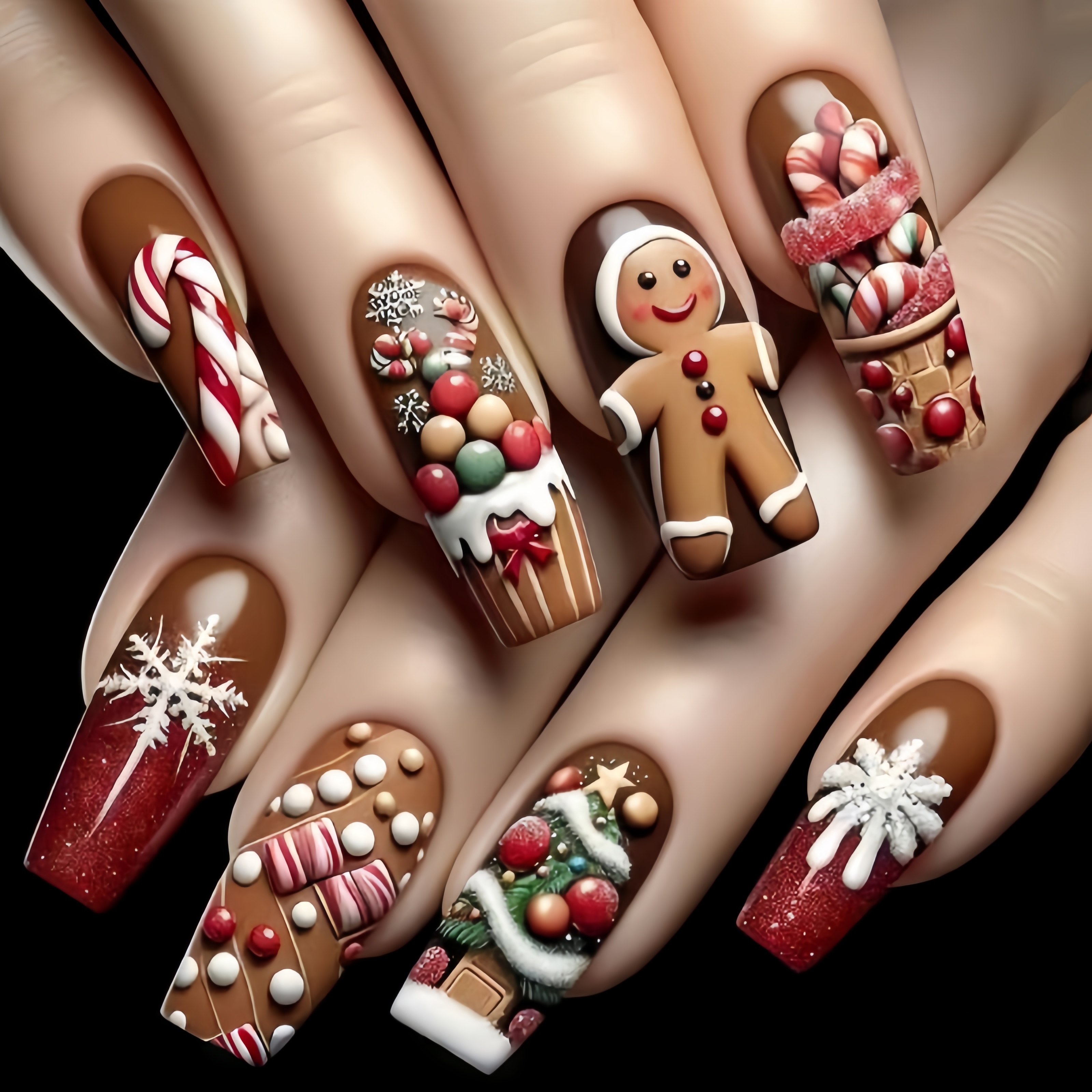 

24pcs Christmas Press-on Nails Set - Long Coffin Shape With Gingerbread, & - Brown - Manicure Kit, Removable, Christmas Cookies