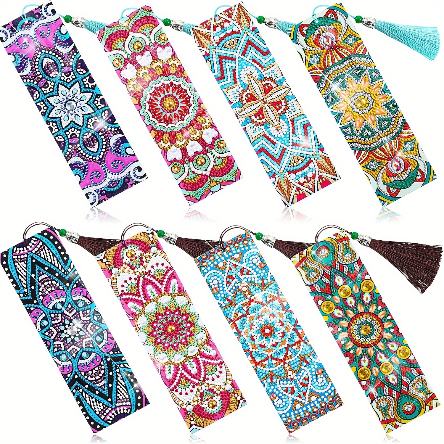 

8pcs Diamond Painting Bookmarks Kits, 5d Floral Rhinestone Geometric Theme Diy Craft, Round Acrylic Diamonds, Mandala Style With Tassels, For Beginners & Adults