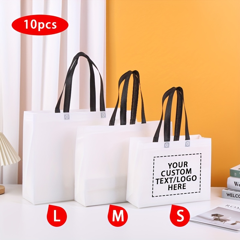 TEMU Popular Customizable Tote Bag Design, 10pcs Set - Horizontal Layout With Personalized Logo And Text, Non-woven Gift Bags For Club Events.