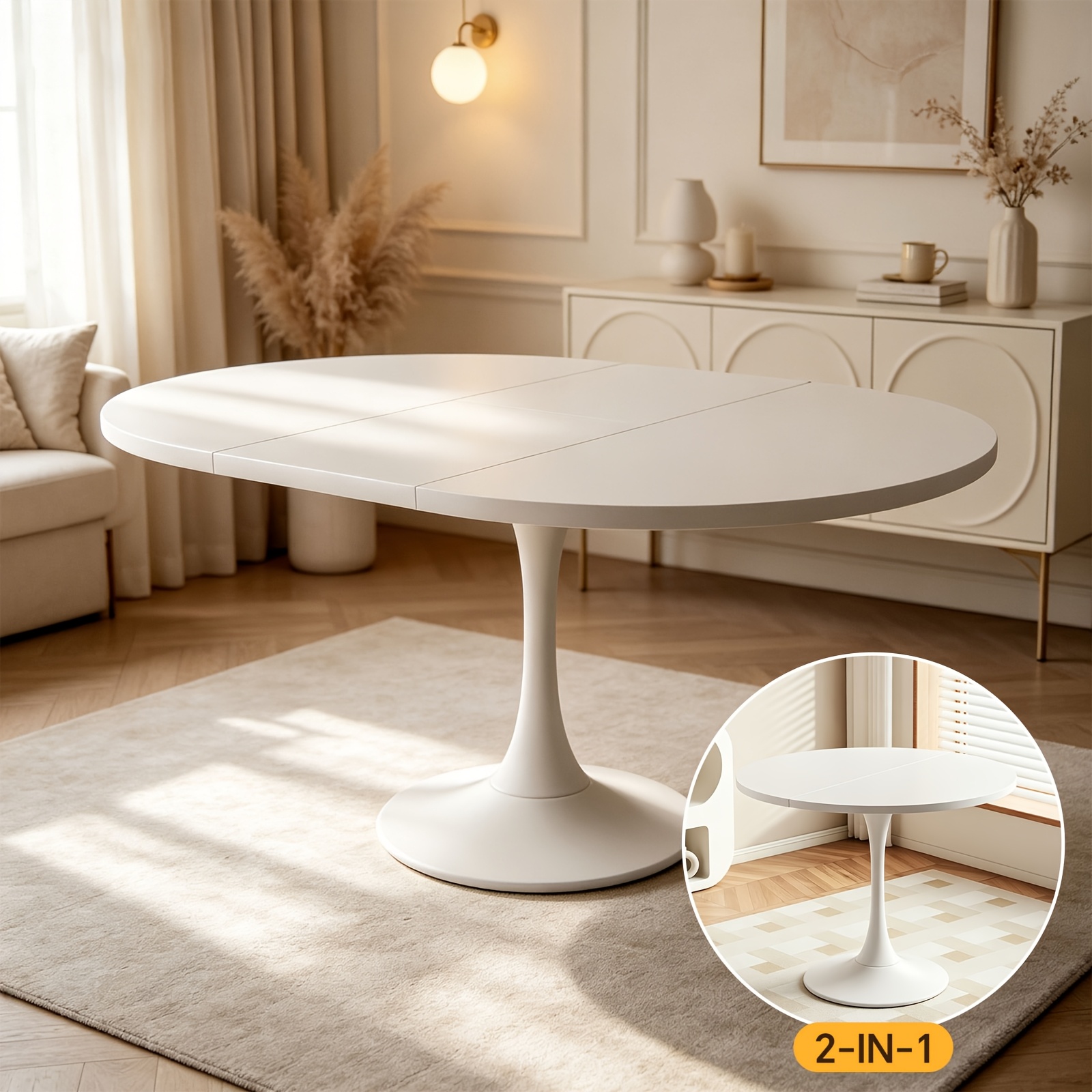 White And Golden Retractable Dining Table, Round To Oval Dual-use Stretch Dining Table, Simple Single-column Small Apartment Home Dining Room Dining Table