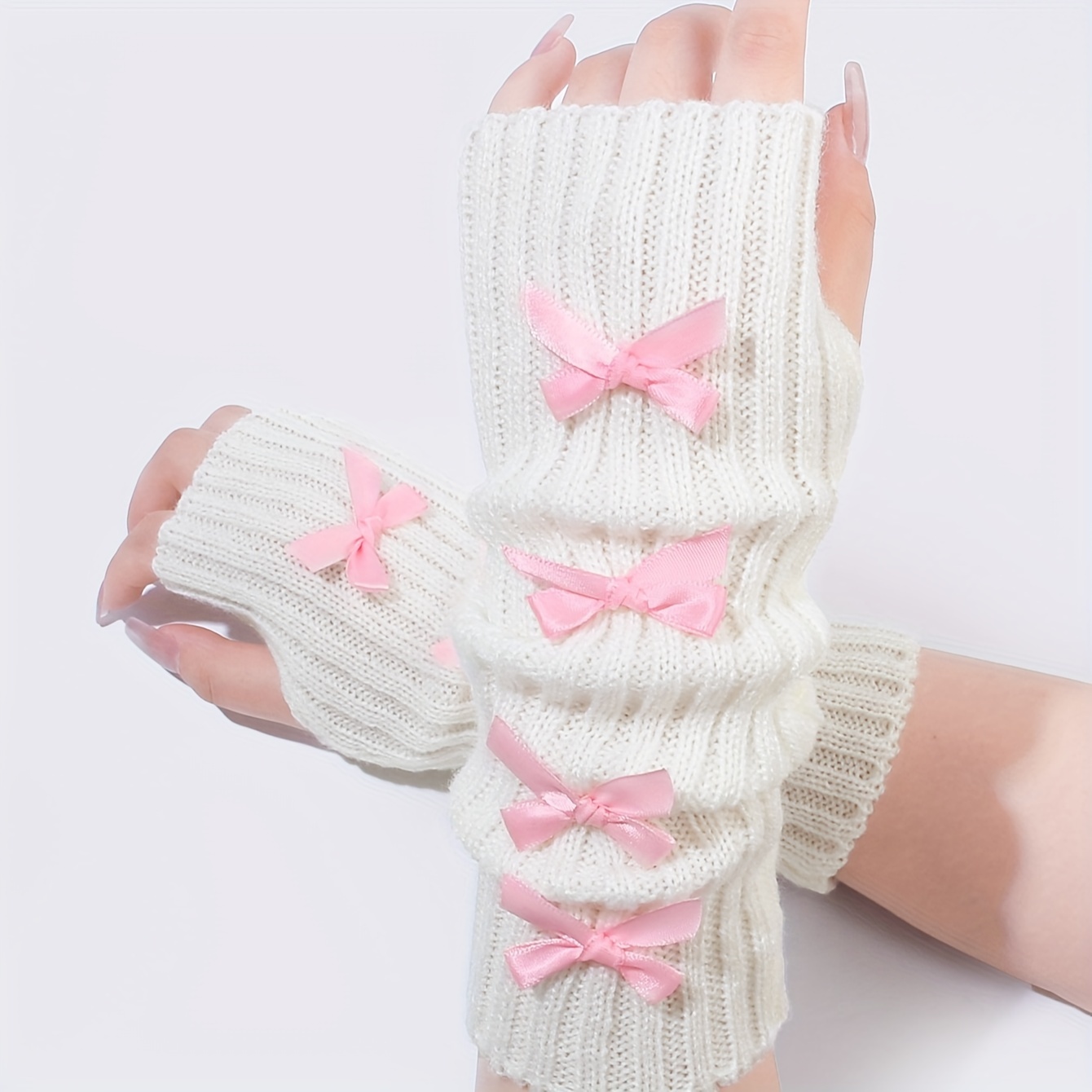 TEMU Elegant Acrylic Knit Arm Warmers With Bow Accents - 1 Pair Of Women's Striped Winter Sleeves With Touch Screen Capability, Elastic Fit For Casual Weekend Wear, Decorative And Warm