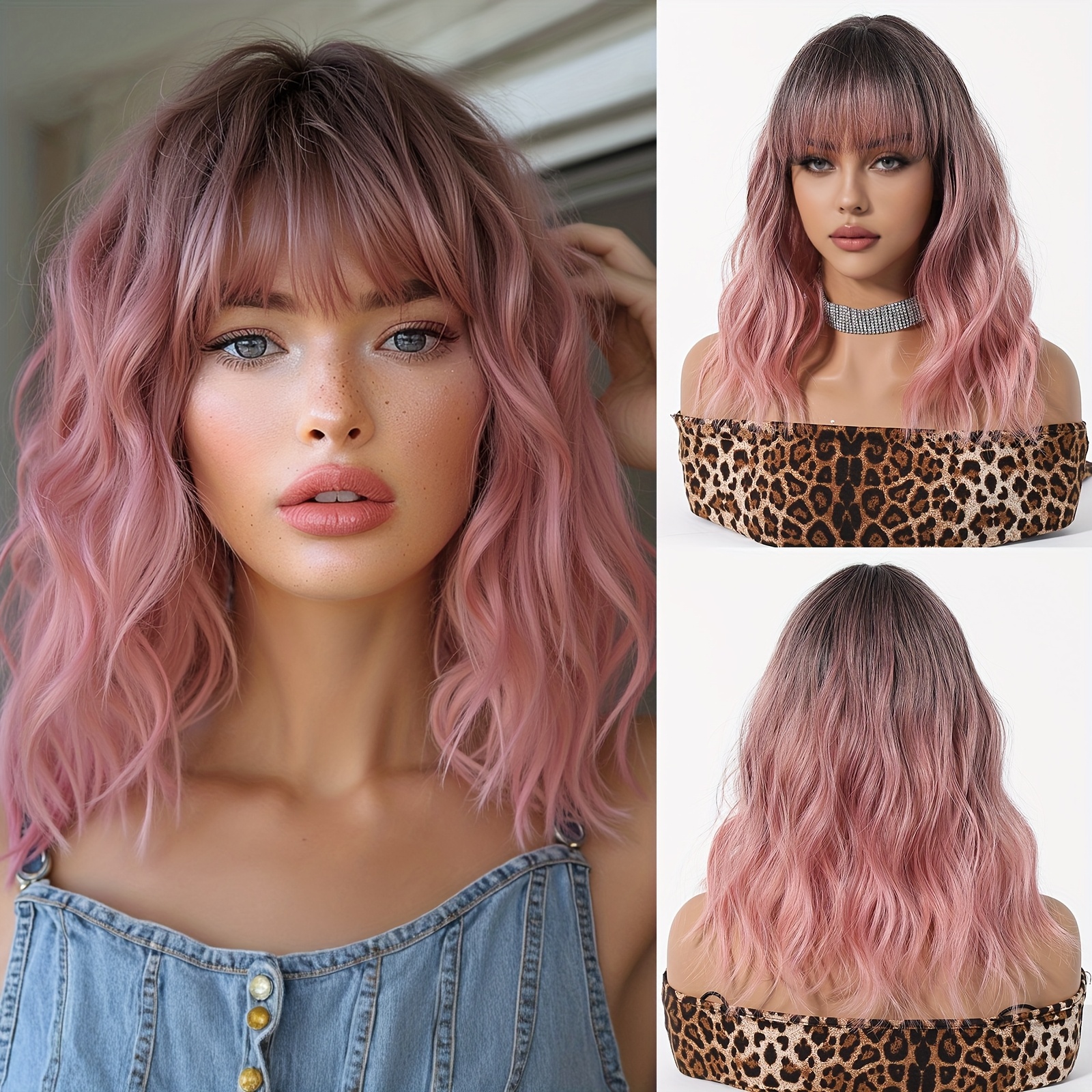 

16 Inch Ladies Gradient Pink Bangs Short Curly Hair Synthetic Wig Ladies Wig For Daily Or Cosplay Use