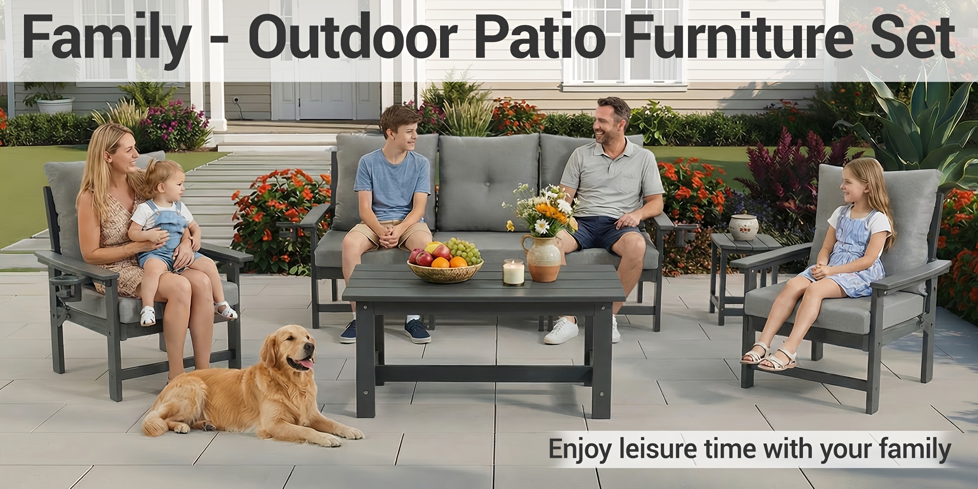 Outdoor Patio Furniture Set, 7pcs HDPE All Weather Free Combination Outdoor Furniture, Patio Conversation Sets W/ Sponge Cushions for Patio, Gaden, Yard Lawn Poolside
