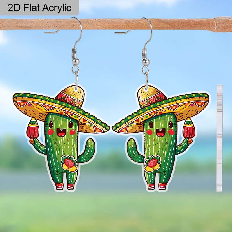 TEMU Pendientes acrílicos planos 2D con diseño de cactus de 2D, perfectos para de Mayo y ocasiones festivas. pendientes de moda para mujer son un