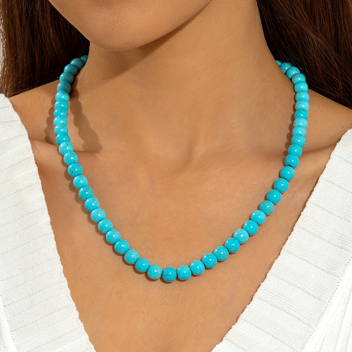 Image of 1pc Simple And Elegant Artificial Turquoise Beaded Necklace, Adjustable Round Textured Turquoise Choker, Suitable For Women' Wear, Banquets, And As An Ideal Gift For , New Autumn/winter Accessory