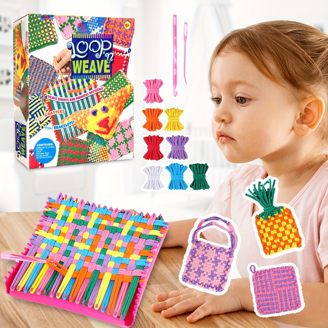 Weaving Loom Kit Toys For Kids Beginners DIY Art And Craft Mini Loom Including Crafting Kit Loom Frame Colored Loops And Instructions Ideal Gifts For Kids Girls