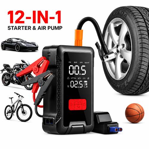 item picture portable air compressor high emergency start pump multi functional starter and tire inflator combination device power bank with tire pressure gauge and led display emergency button smart wireless inflator