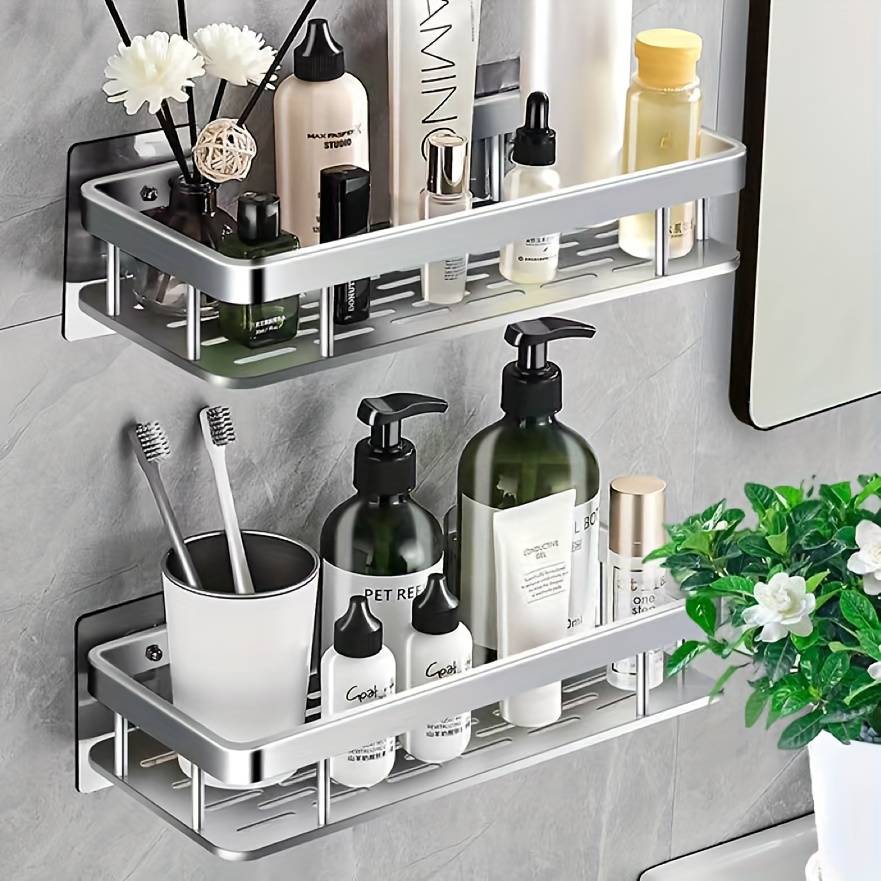 

Wall-mounted Aluminum Alloy Bathroom Shelves, Rectangular Silver Hanging Storage Organizer For Kitchen And Bathroom, Space-saving No-drill Shelf