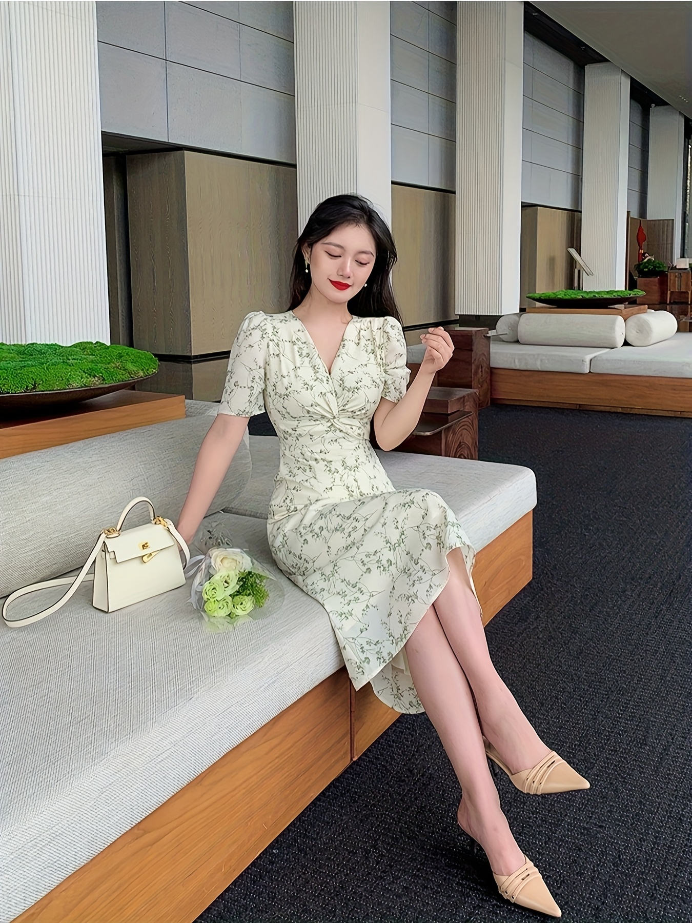 womens floral print v neck short sleeve a line dress